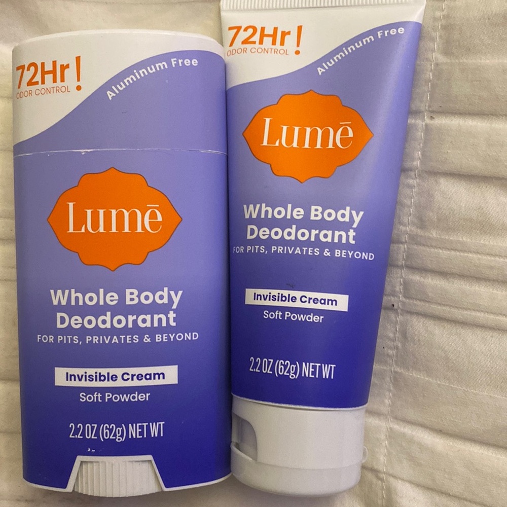2.2 &2.2oz LUME, whole body, deodorant, and physical cream, soft powder, a 2pak!
